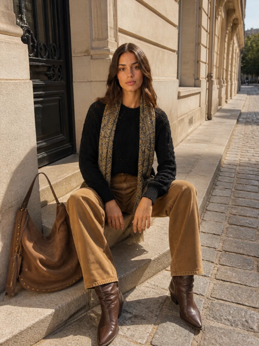 Isabel marant black sweater camel jeans outfit