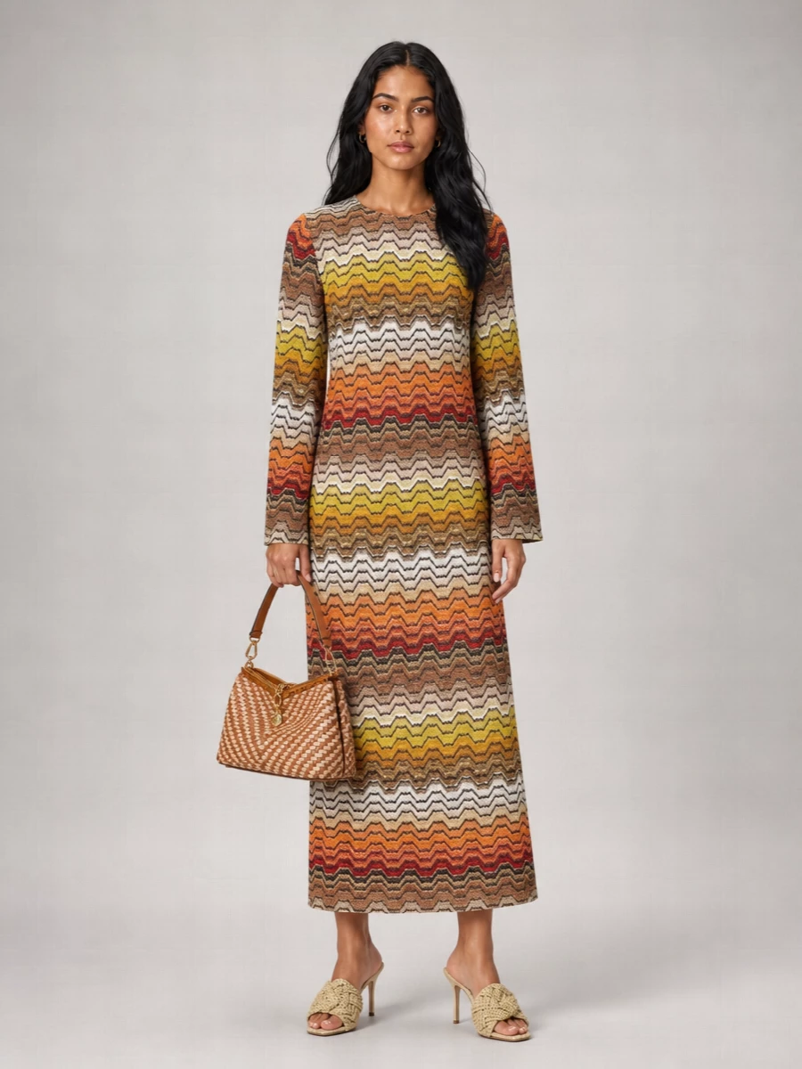 Missoni Metallic V-Neck Long-Sleeve Side-Slit Maxi Dress
