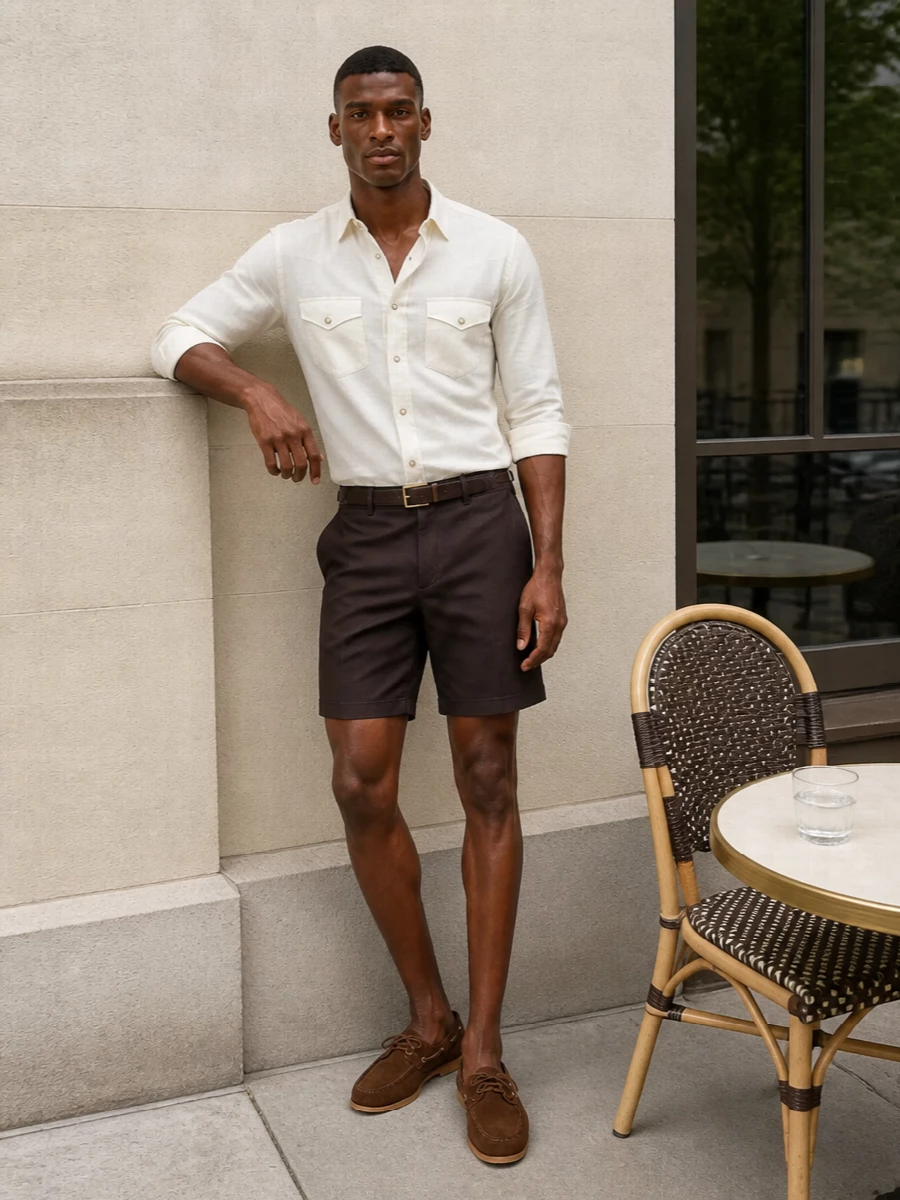 Tom ford brown shorts ivory shirt outfit