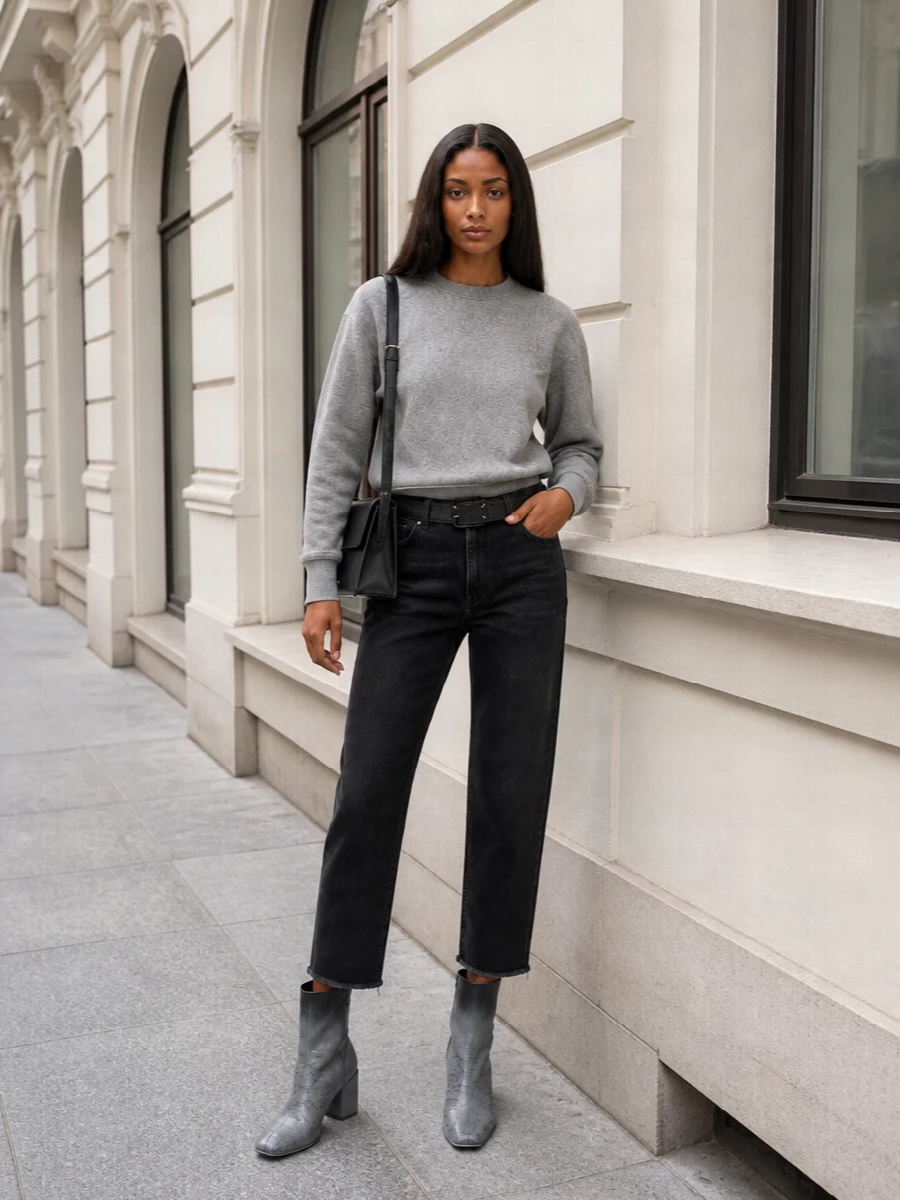 Washed black denim with a heather grey sweatshirt sets a low-key, street-informed base that still feels intentional. Ombré grey ankle boots refine the line and add height without losing ease, while a structured black shoulder bag and wide black belt bring quiet structure and polish. The result is a pared-back, urban uniform built on texture and tone rather than loud logos.