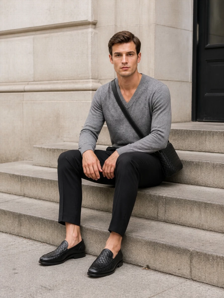 Bottega veneta grey sweater pleated trouser outfit