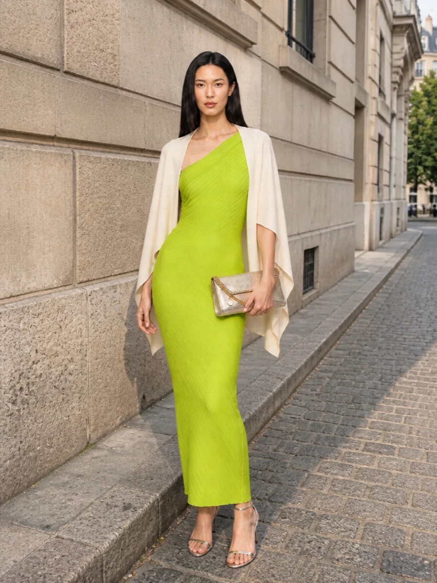 Neon lime becomes sharply grown up when you frame it with cool metallics and a single, sleek evening heel. Silver sandals and a champagne envelope clutch pick up the light without stealing attention from the sculpted one-shoulder line. The result is a clean, high-impact cocktail ensemble that feels strong, modern and precise rather than loud.