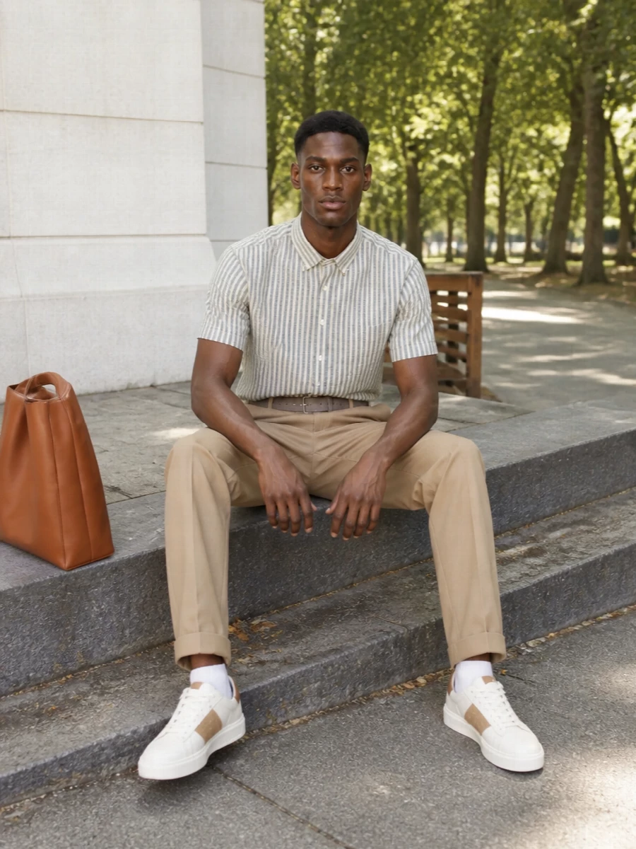 Beams plus striped shirt khaki trousers sneakers