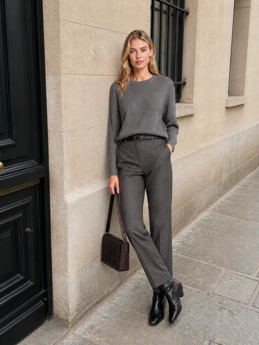 This look builds on the metallic charcoal Brunello sweater with equally refined high-waisted charcoal tailoring, creating a long, uninterrupted column of grey. Black sock boots and a slim belt quietly sharpen the silhouette, while the dark chocolate Bottega shoulder bag introduces a deep neutral warmth that keeps the outfit luxe but understated for FW city dressing or a polished dinner out.