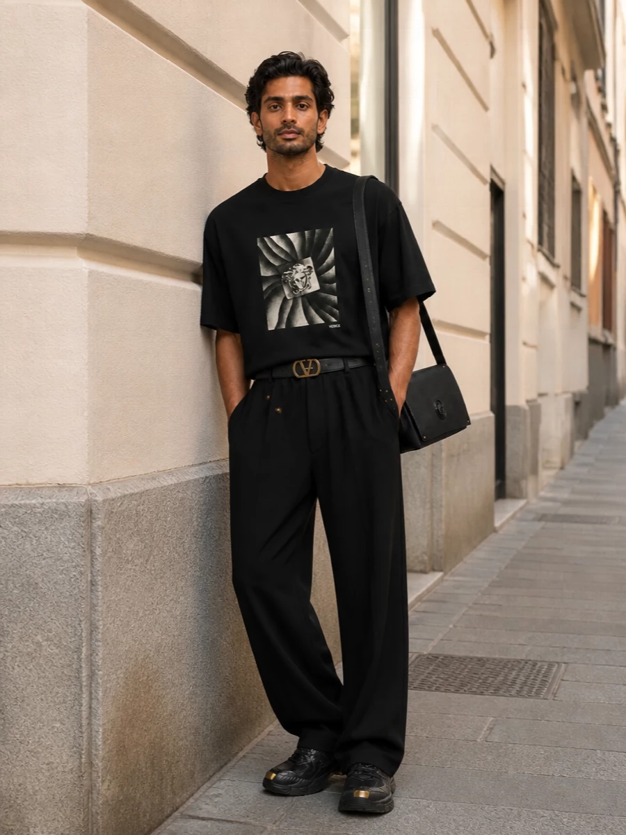 Versace mens black graphic tee wide leg pants outfit