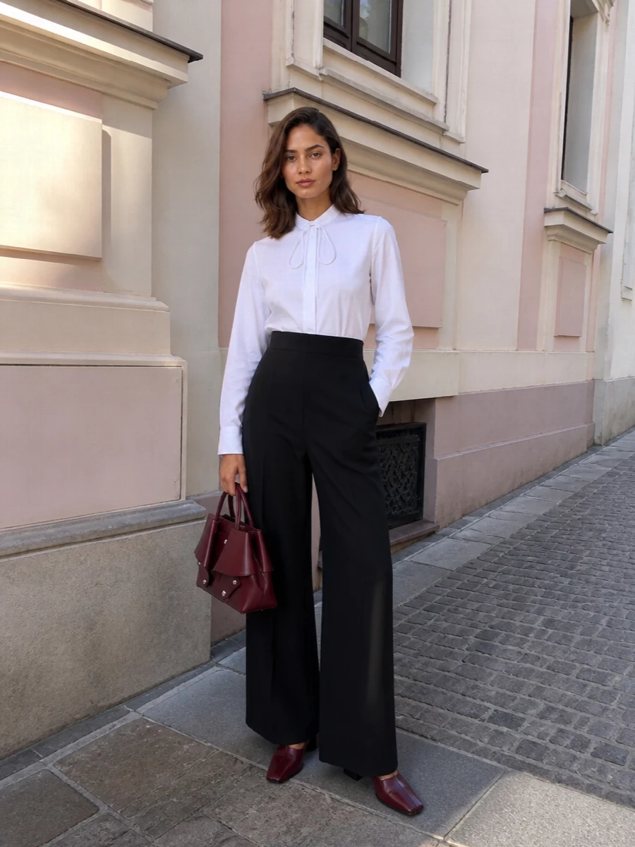 A crisp tie-neck shirt meets high-waisted black wide-leg tailoring for a clean, elongated line. Deep burgundy accessories echo the shirt’s subtle detailing, keeping everything polished yet quietly expressive for serious days and late dinners. The palette stays restrained, so the proportions and texture shifts do the talking.