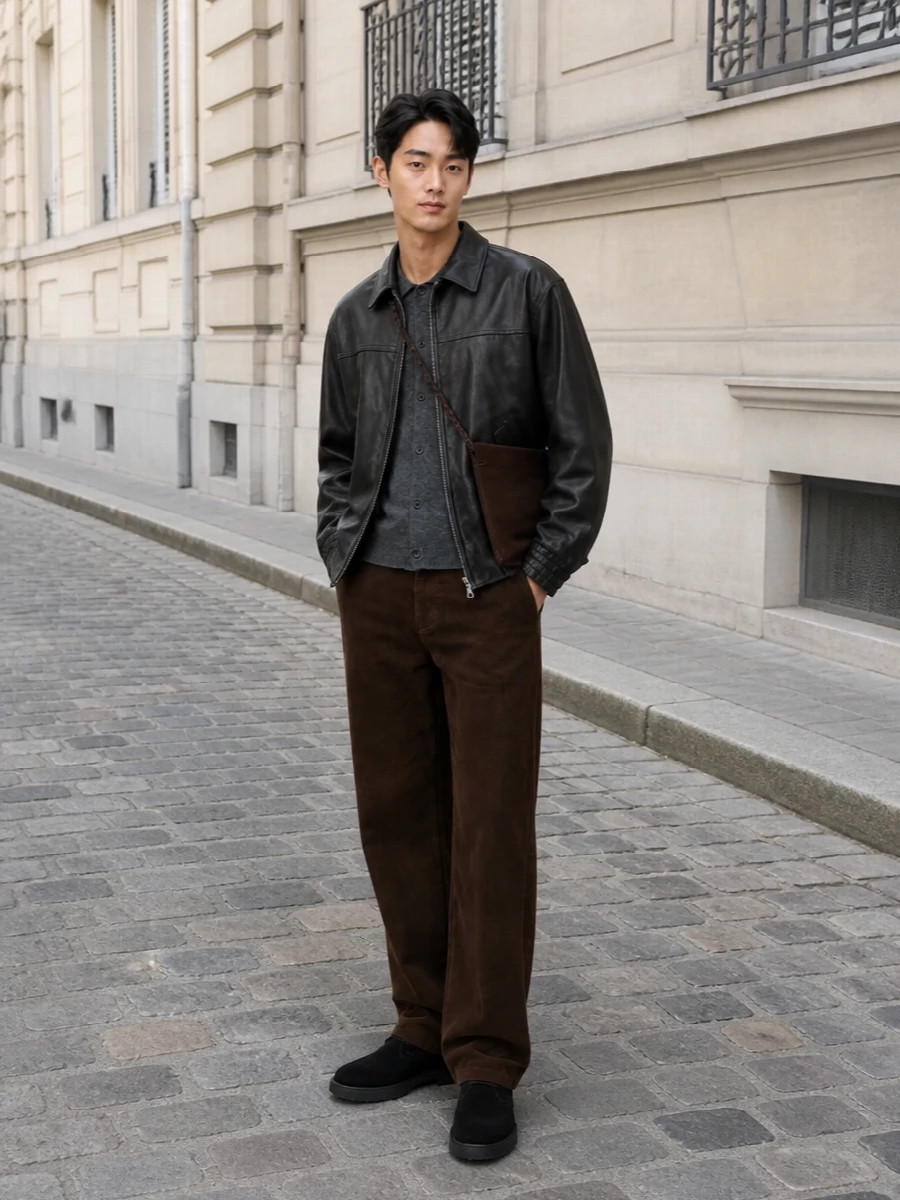 Dunst leather jacket corduroy trousers outfit