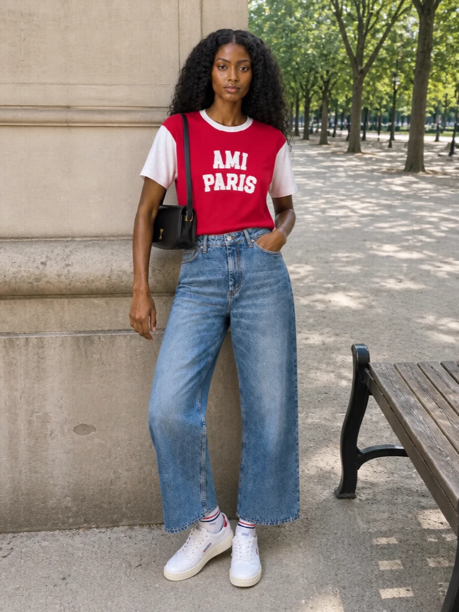 Ami paris varsity tshirt wide leg jeans outfit