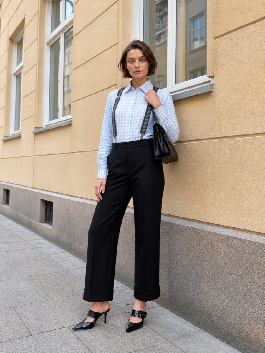 Moschino’s gingham shirt and graphic suspenders meet immaculate Gucci tailoring for a modern, preppy riff on city suiting. The clean black trouser, sharp slingback and structured top-handle keep the wit underpinned by real polish. It feels boardroom-ready with a knowing, fashion-insider twist.