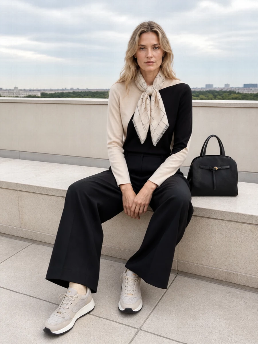 Cream and black stay quietly graphic with a high waisted black wide leg trouser grounding the color blocked sweatshirt. Greige Tod’s sneakers and a structured black dome tote keep the mood relaxed yet polished, while a featherlight windowpane scarf adds a soft, architectural accent. The result is an easy neutral uniform that feels considered without trying too hard.