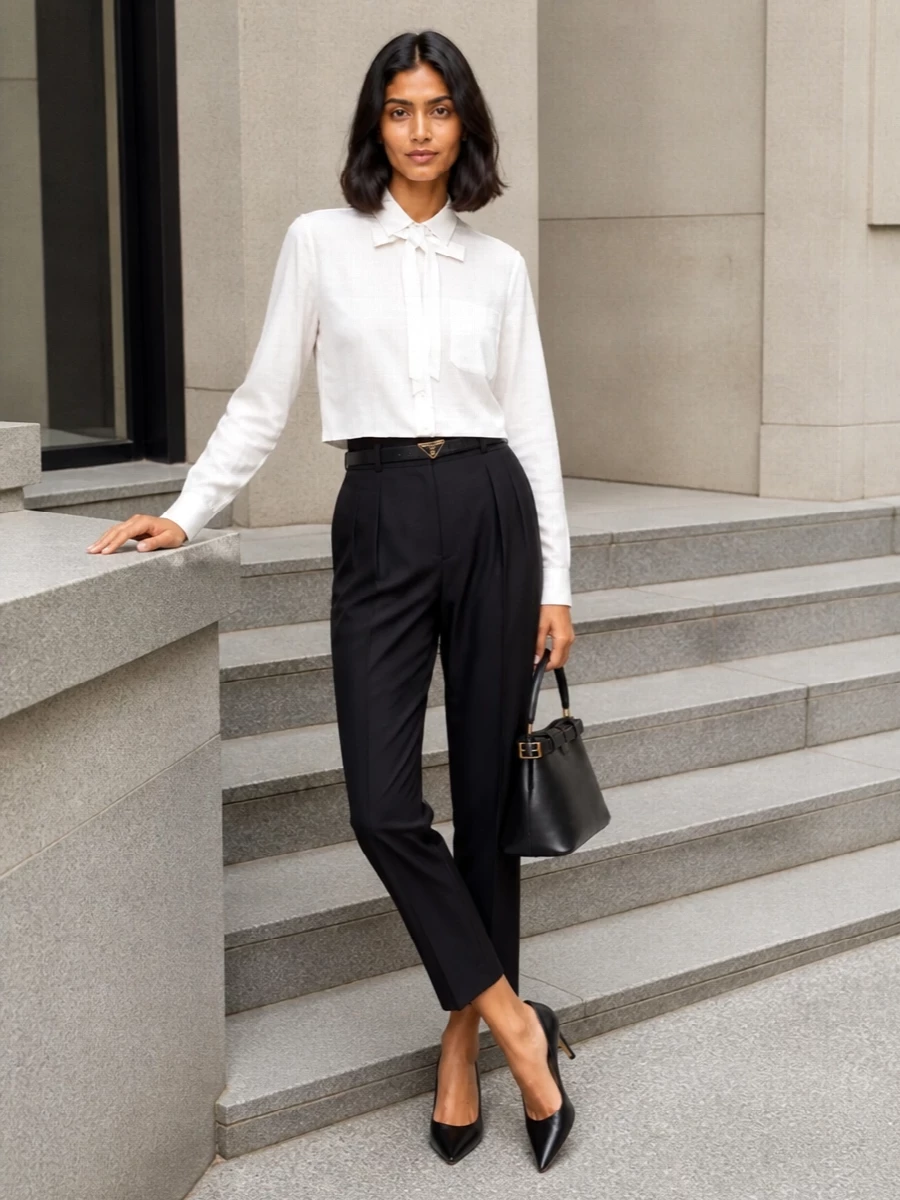Prada ivory tie shirt black tailored trousers
