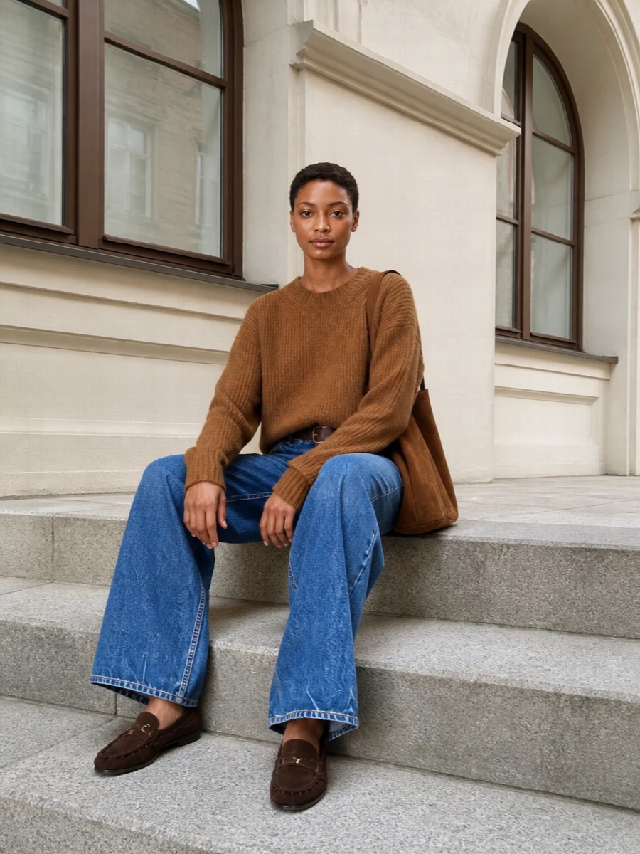 Saint laurent wide leg jeans caramel knit outfit