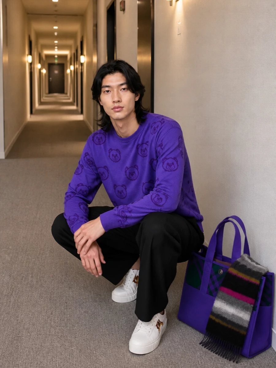 Moschino purple sweater black trouser outfit