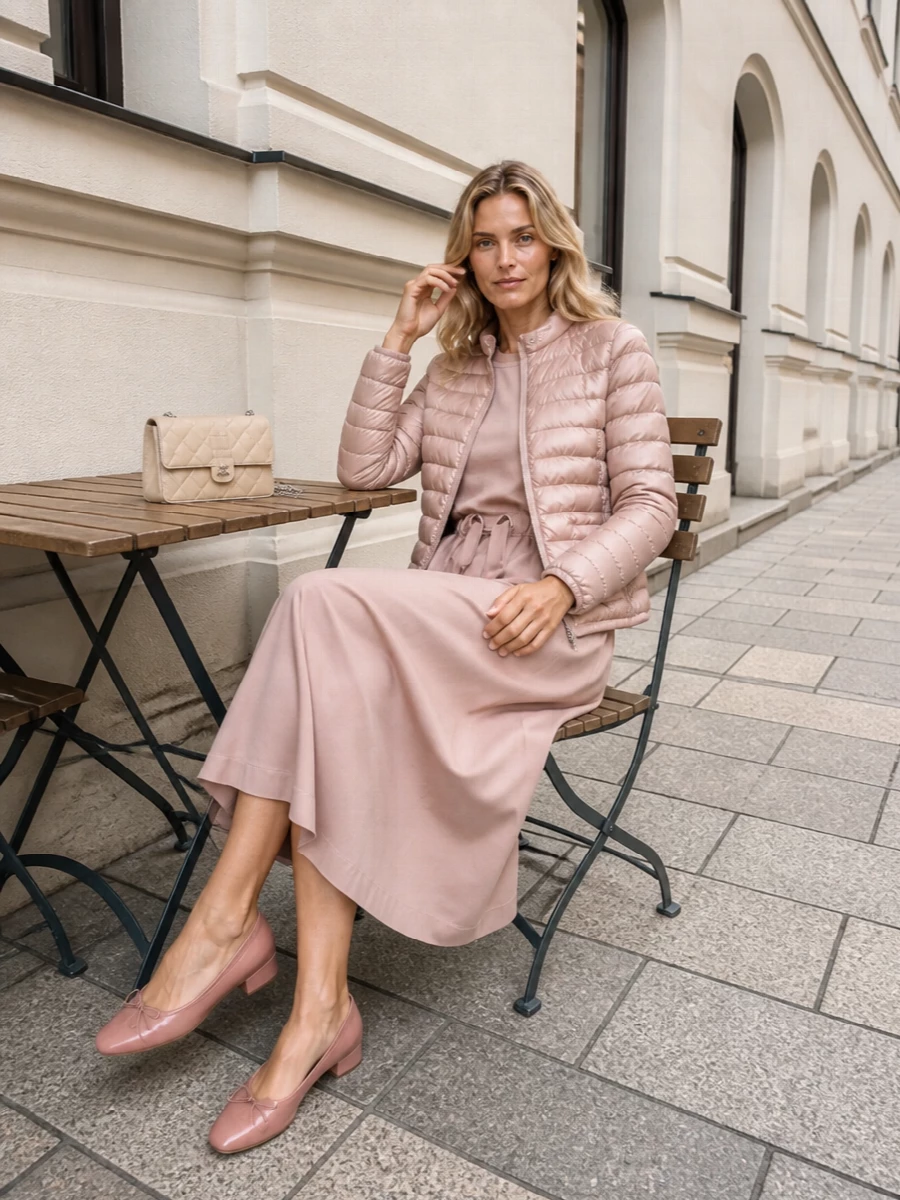 Herno blush jacket dusty rose midi dress outfit