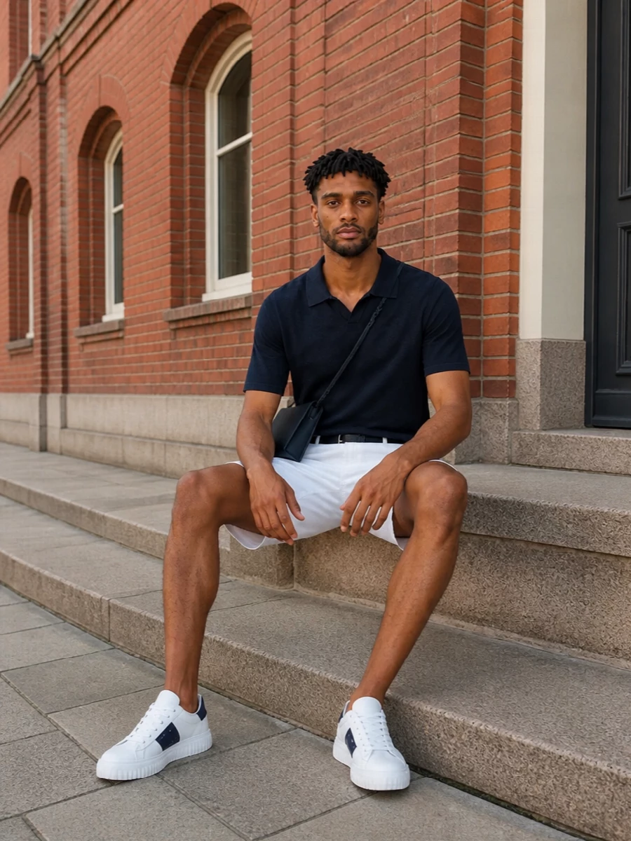 Deep navy on top with crisp white at the knee gives this outfit a sharp, summer preppy feel without losing its ease. The clean sneakers and slim belt keep everything aligned with the polo’s quiet, minimalist polish. A navy crossbody finishes it with a practical, city-ready touch that still feels considered.