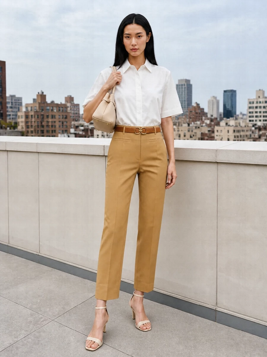 Mustard tailoring meets clean ivory and cream for a warm, quietly precise take on city dressing. The cropped trouser and soft boxy shirt stay relaxed, while the slim tan belt and heeled sandals refine the line. A compact cream top-handle keeps everything light and focused around soft neutrals and caramel tones.