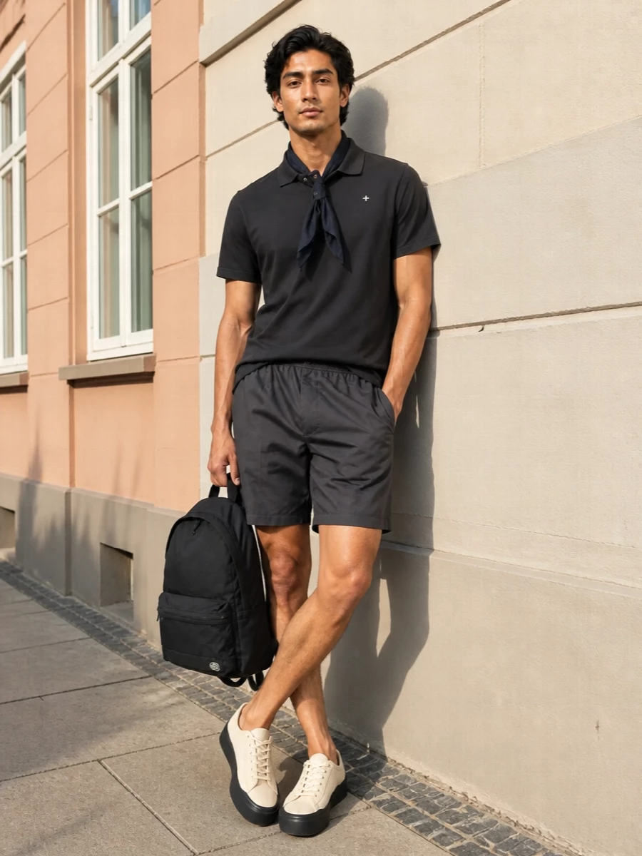 A monochrome Stone Island uniform built around clean lines and quiet branding, this pairing keeps the silhouette sharp yet easy with technical shorts and a precise polo. Soft neutral sneakers and a streamlined backpack stop the darkness from feeling heavy while staying in a sporty, city-ready lane. The slim navy scarf adds just enough texture at the neck to keep the whole mix considered rather than basic.