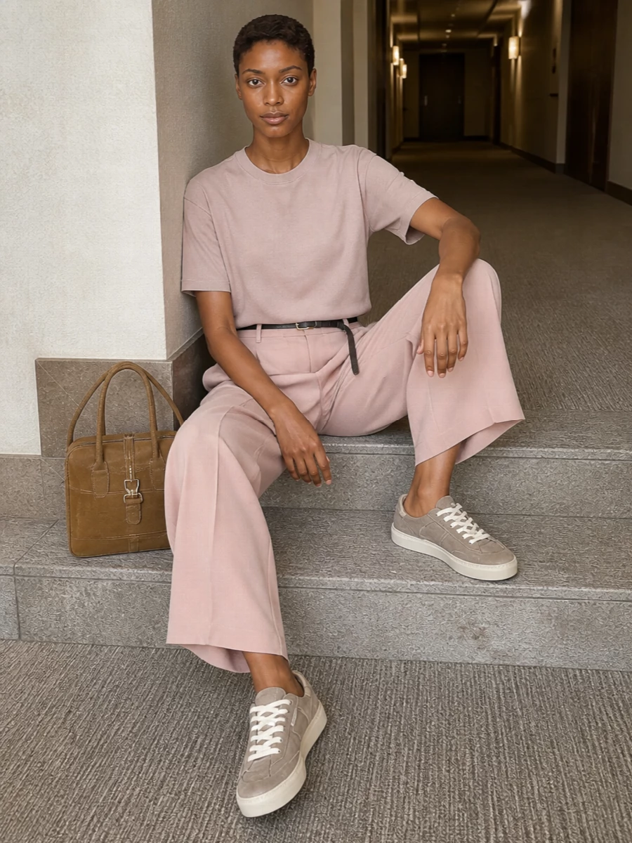 Golden goose blush wide leg trousers tee outfit