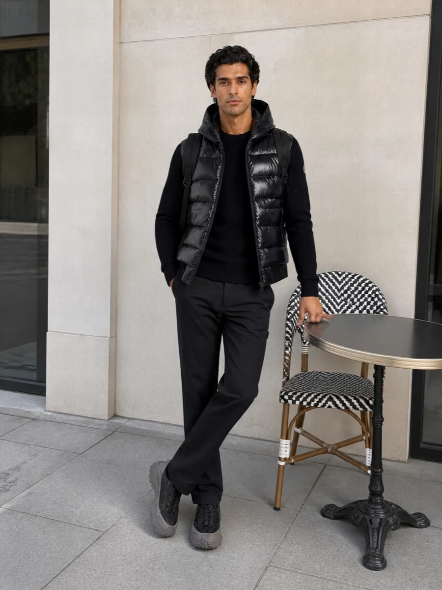 Moncler mens black padded jacket sneaker outfit