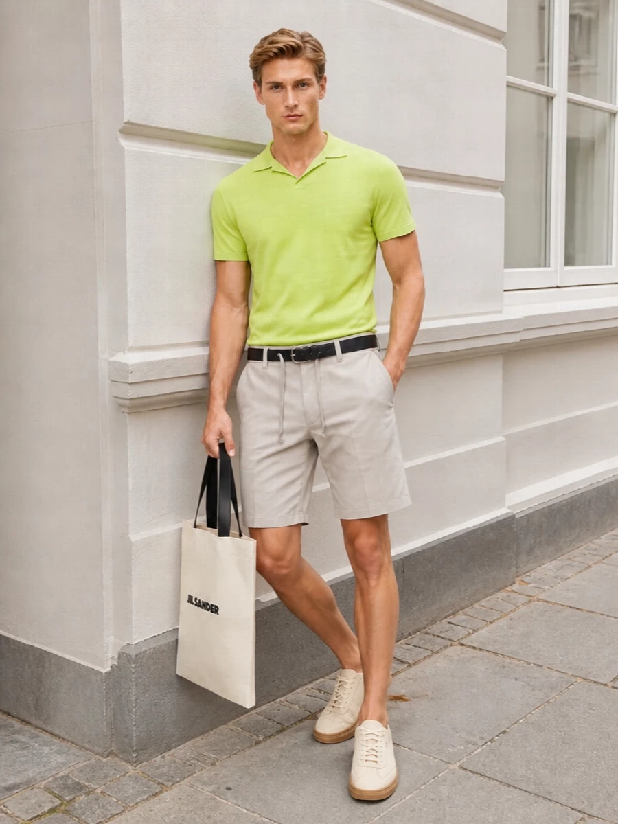 Boss neon polo stone shorts cream sneakers
