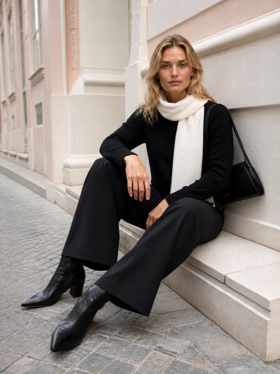A dense black Jil Sander knit pairs with fluid black wide-leg tailoring for a clean, elongated line that feels calm rather than severe. Pointed ankle boots keep the stance sharp, while a slim black shoulder bag and soft ivory scarf add just enough structure and light to make the monochrome feel considered and modern rather than flat.