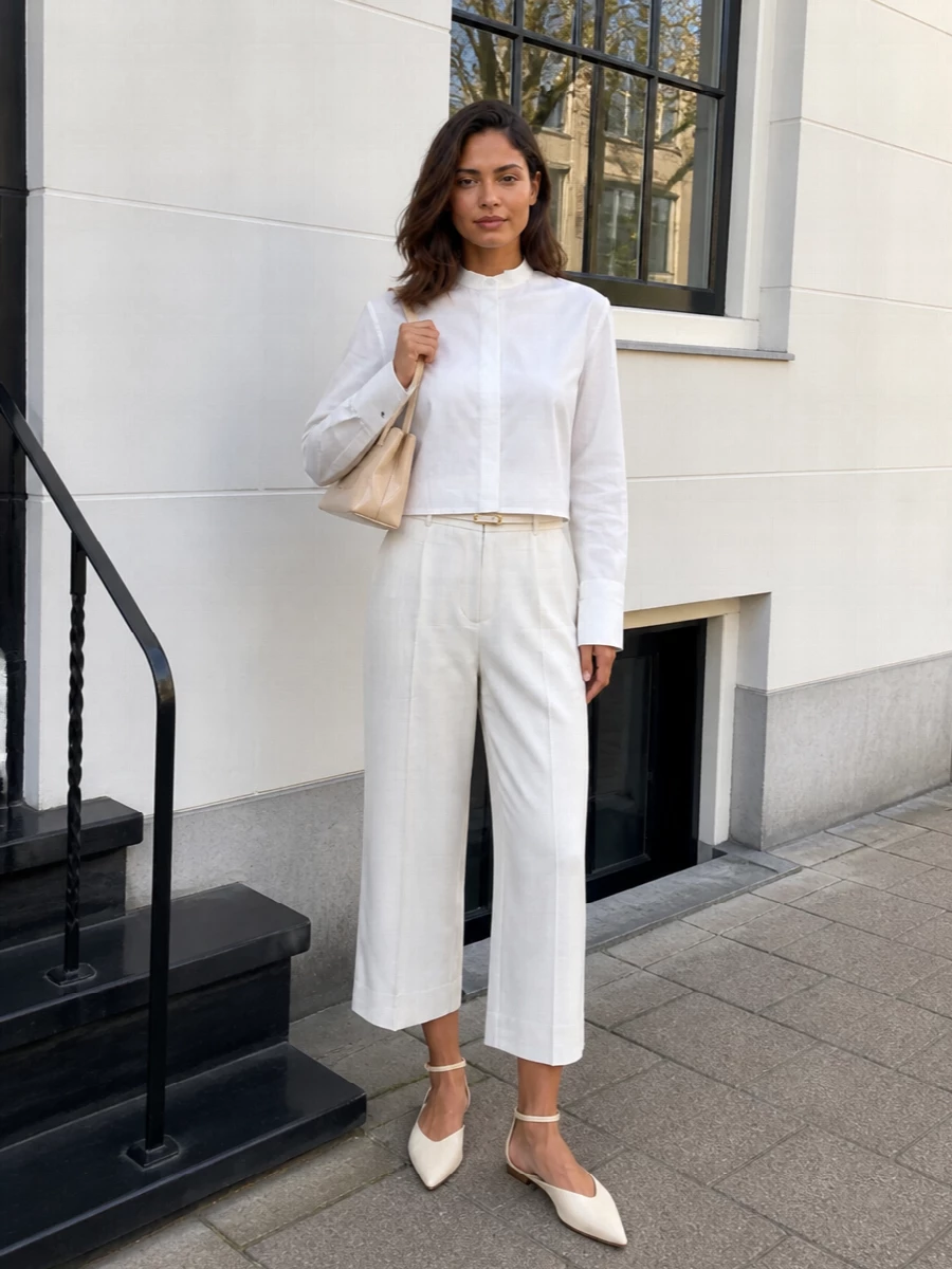 Jil sander ivory cropped trousers white shirt outfit