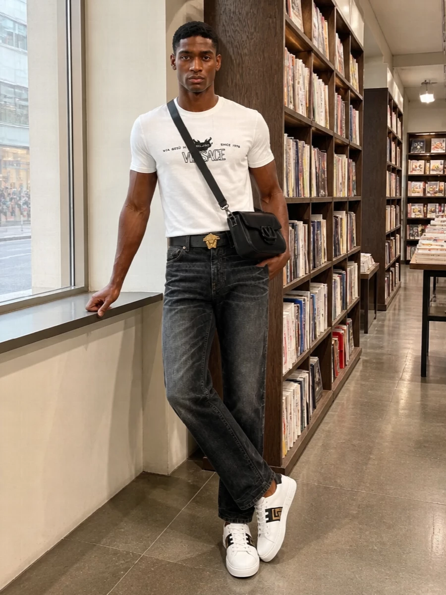A crisp white Versace logo tee sits on washed black denim for a monochrome base that feels relaxed but considered. White leather sneakers and a structured black crossbody keep it clean and street-led, while a gold Medusa belt adds just enough house attitude. It is an easy, city uniform that moves from daytime errands to low-key dinners without a change.