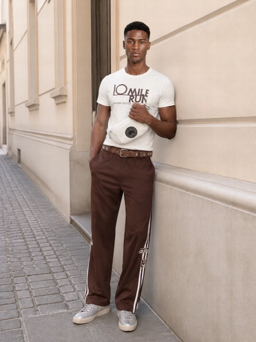 Golden goose tee brown adidas track pants