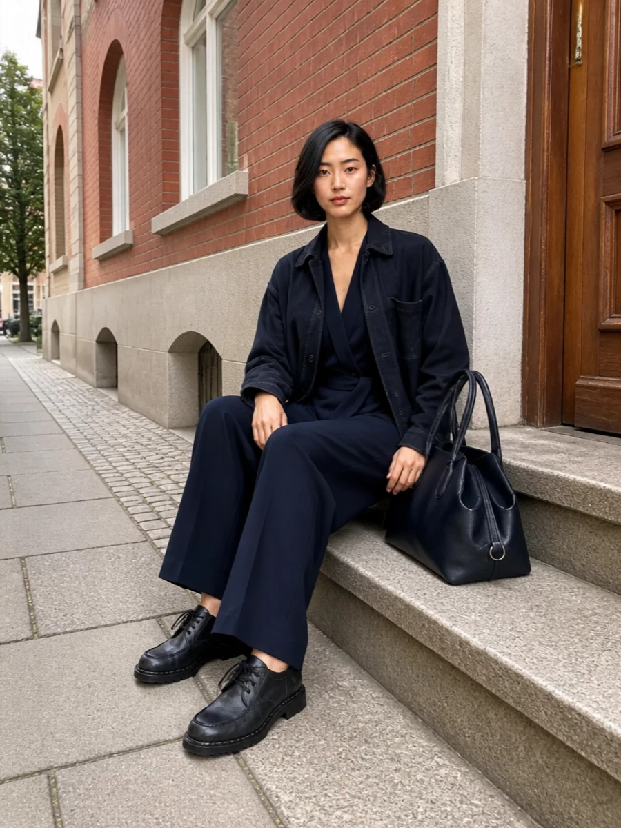 Parosh navy chore coat tailored jumpsuit outfit