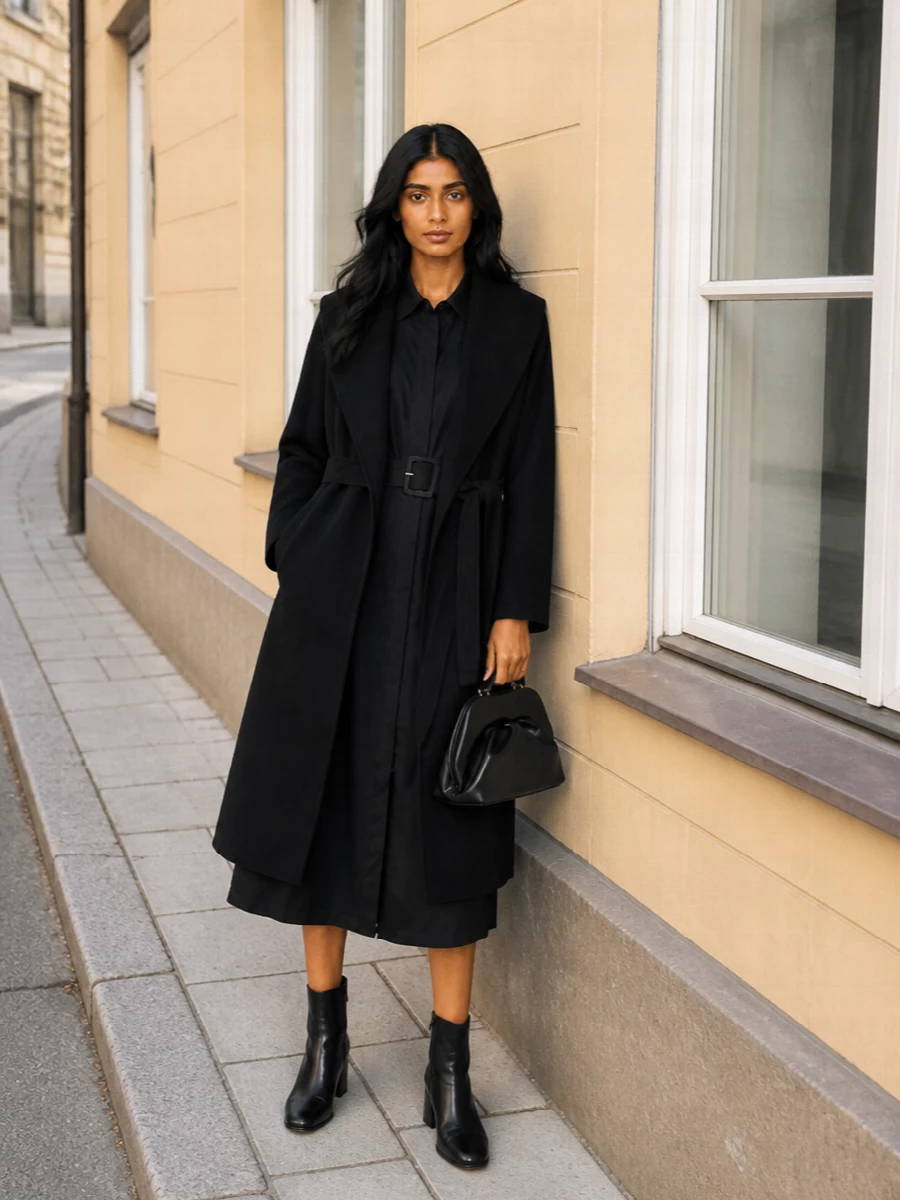 I chose the dress path so the Max Mara wrap coat can frame a single, uninterrupted column of black, which feels more resolved than breaking the line with separates. The Fabiana Filippi shirt dress, Mm6 ankle boot and sculpted black bag work together as an urban evening-uniform, all about precise tailoring, clean surfaces and subtle texture shifts within one dark, quietly luxurious palette. The result is a long, vertical silhouette that reads assured and polished without any visible effort.