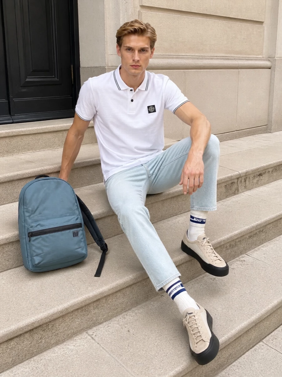 A crisp white Stone Island polo meets icy grey denim for a clean, terrace-ready uniform that feels sharp without trying. Pale technical sneakers and a cool-toned backpack keep the palette tight and modern while leaning into the brand’s urban sport DNA. The striped socks add just enough collegiate energy to stop the outfit from feeling too clinical.