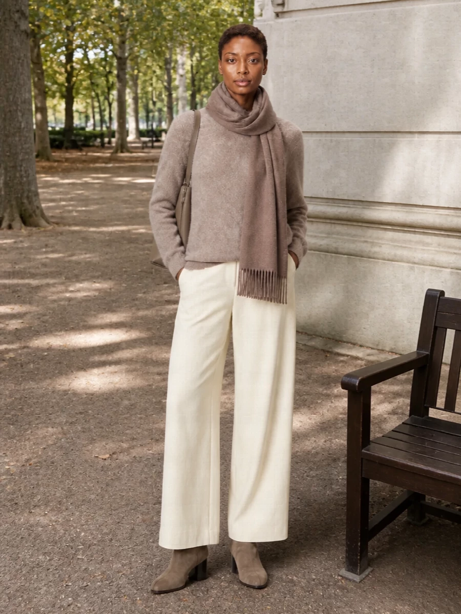Max mara neutral sweater wide leg trousers outfit