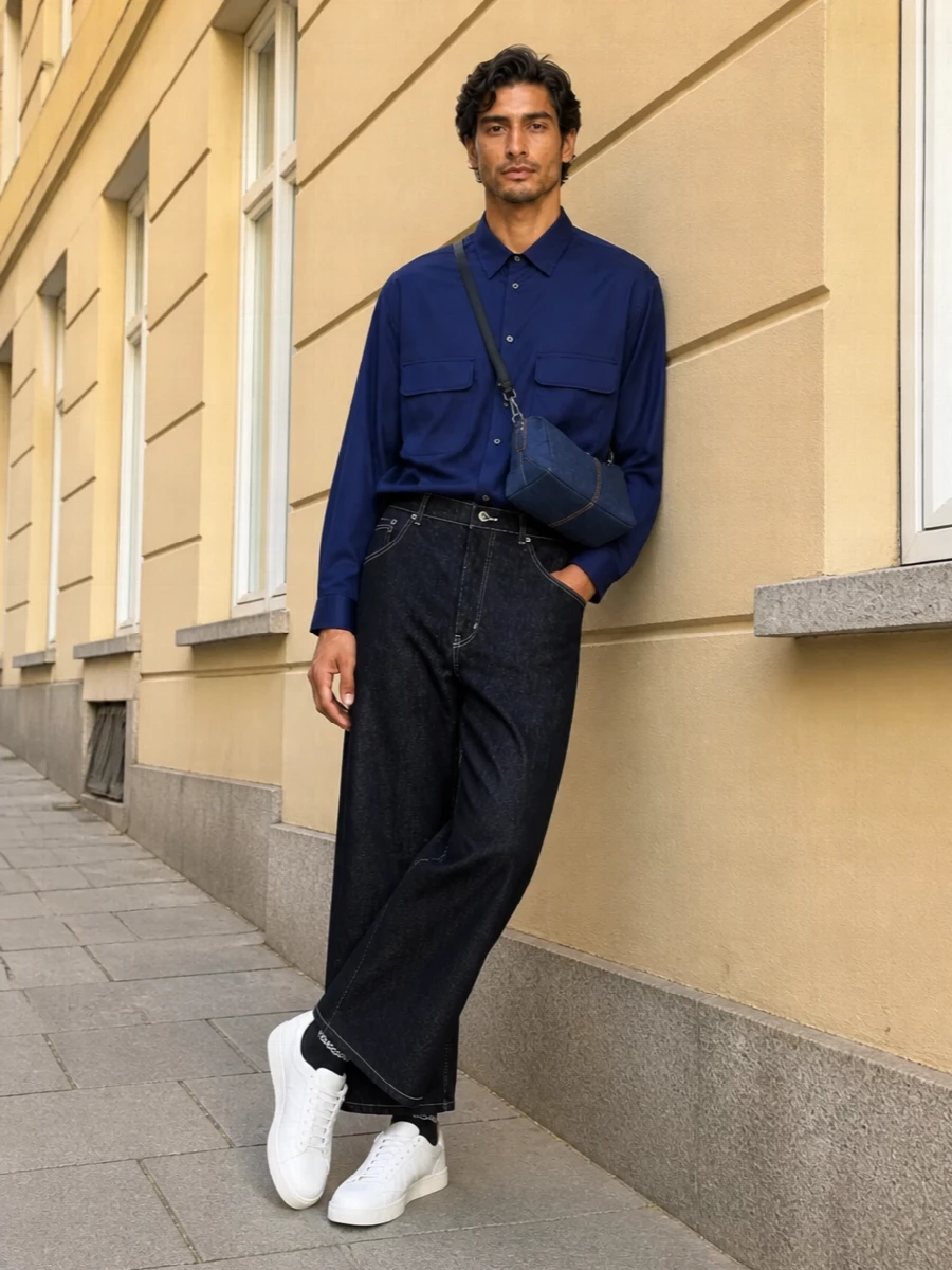Comme des garcons wide leg jeans navy shirt