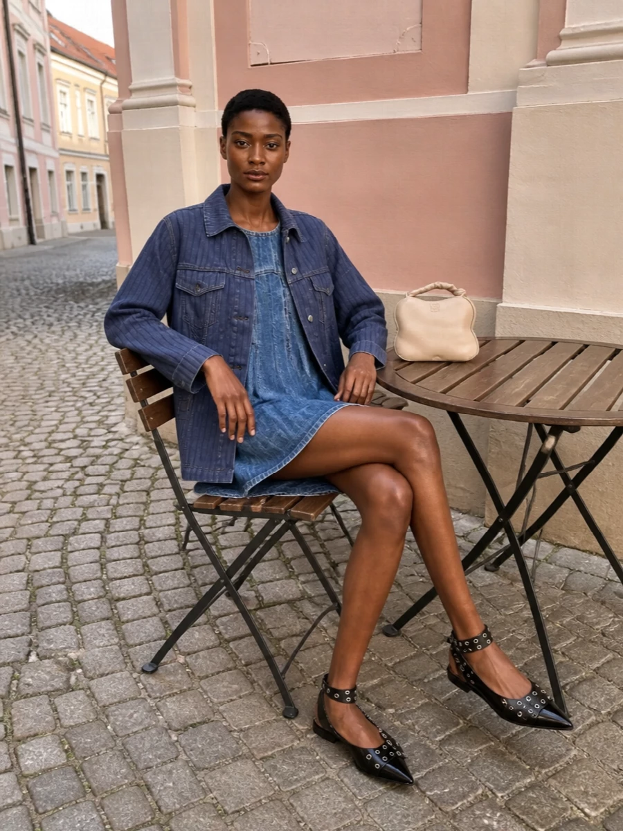 I’ve kept this as a denim-on-denim story, so we skip the separate top and bottom in favor of the swingy denim mini dress under your boxy indigo jacket. The proportions stay clean and leggy, with sharp patent flats and a sculpted cream bag adding just enough polish to keep the playful Ganni energy feeling grown up. It is the kind of city uniform that works from late brunch into low-key evening plans without a change of base pieces.