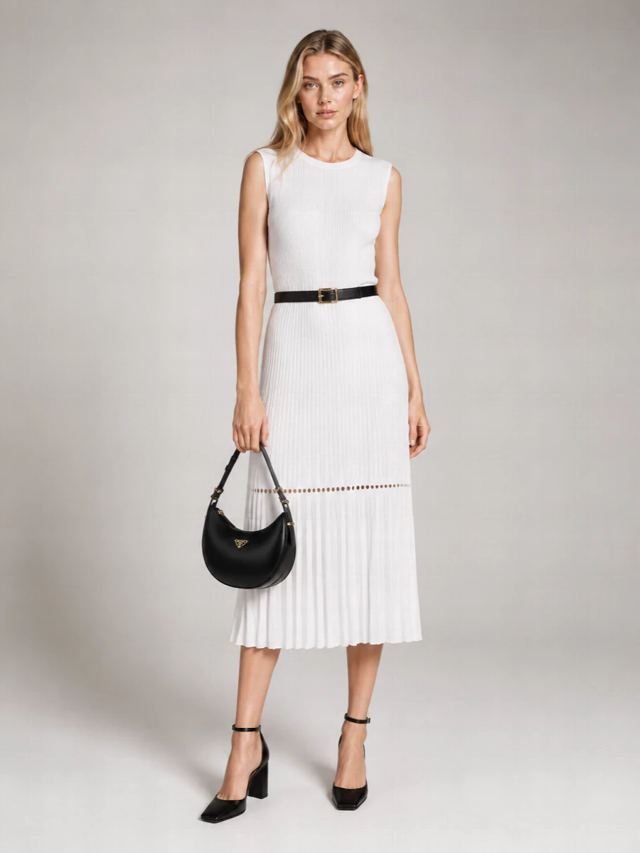 Alaïa Sleeveless Crewneck Pleated Midi Dress