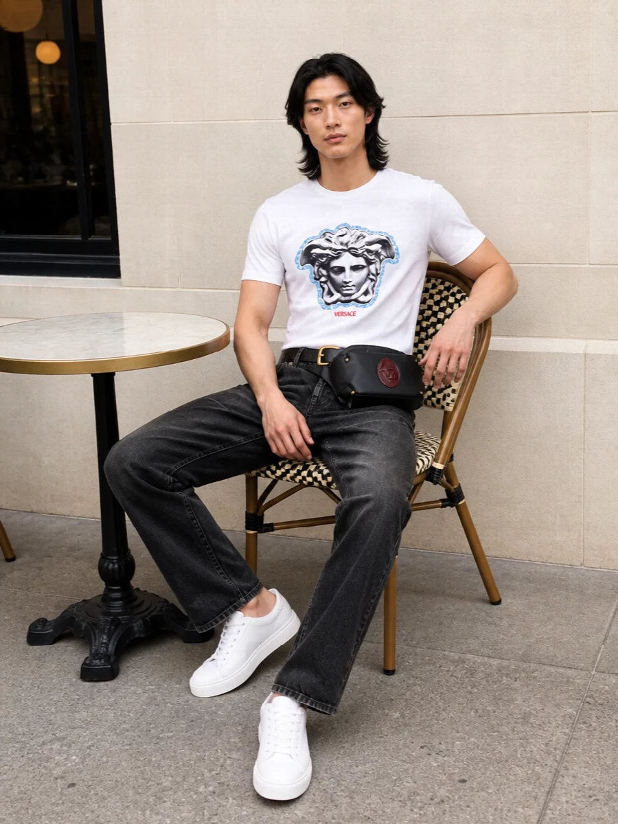 Crisp white Versace graphics meet washed black denim for a sharp, modern take on casual city dressing. The clean court sneakers and quiet leather accessories keep the focus on the Medusa, reading polished but relaxed. It is an easy uniform for days that slide from coffee runs to late-night bars without a change.