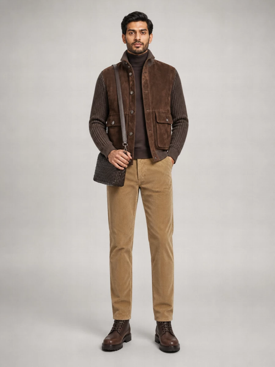 Brunello Cucinelli Suede Panel Ribbed Knit Jacket