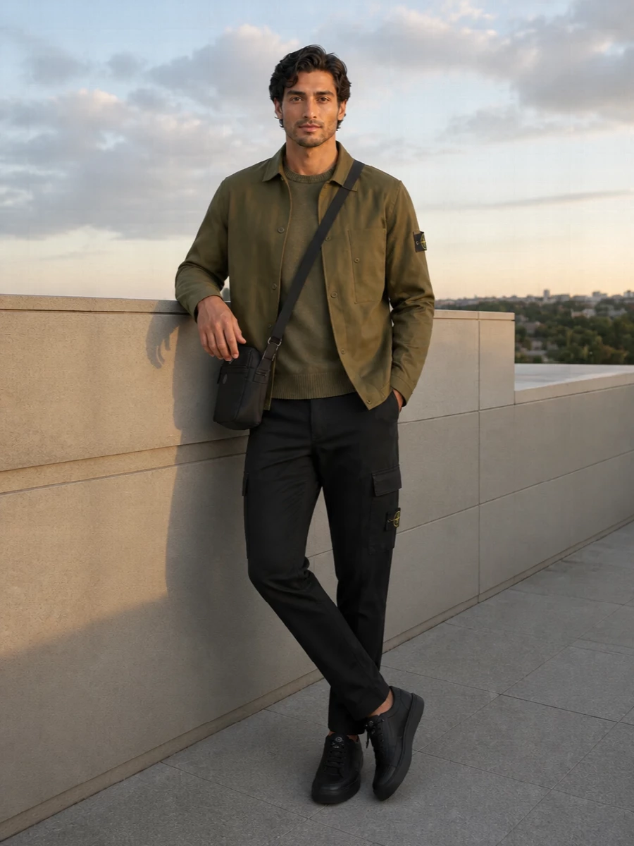 Stone island olive overshirt black cargo outfit