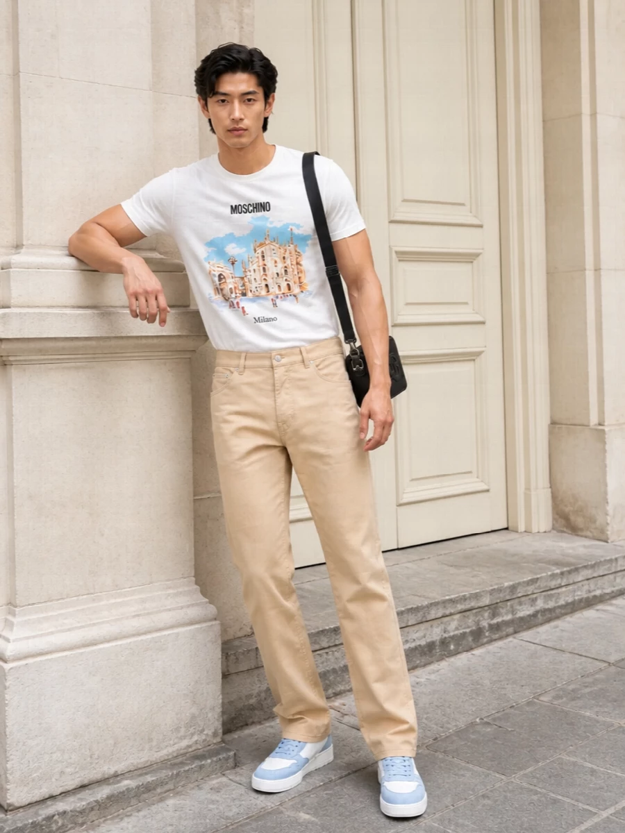 Moschino milano tee beige trousers blue sneakers