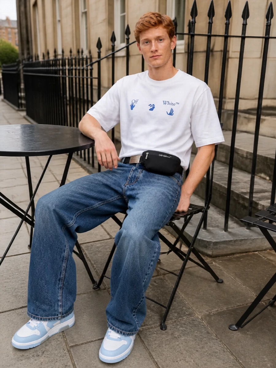 Off white wide leg jeans white tee blue sneakers