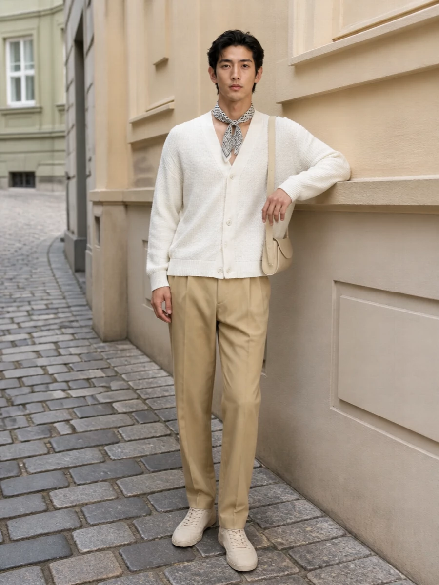 Soft ivory and sand tones keep this outfit calm and precise, pairing the relaxed V-neck cardigan with tailored pleated trousers for an easy, composed silhouette. Sand suede sneakers and a slim buttercream shoulder bag underline the minimalist palette while a small geometric scarf adds just enough interest. It is the kind of quiet, polished uniform that moves easily from late-morning meetings to dinner on a terrace.