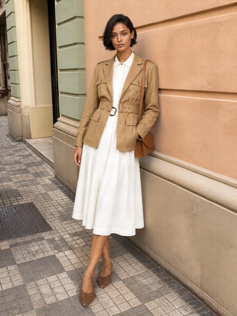 I’m styling the Max Mara safari jacket over a Burberry ivory belted shirt dress to keep the utility message clear and modern without devolving into suit-on-suit heaviness. The mocha Jil Sander pointed slingbacks and slim tan shoulder bag sharpen the palette, giving just enough contrast while staying soft and wearable for warm-city days that run into dinner. The result is a nuanced neutral uniform, quietly strong and highly functional, where every piece earns its place in a long working day.