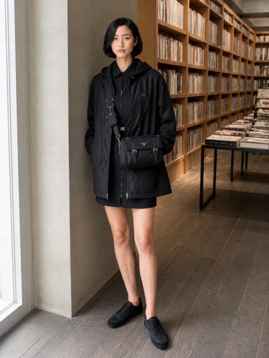 Prada black parka utility shirt dress sneakers