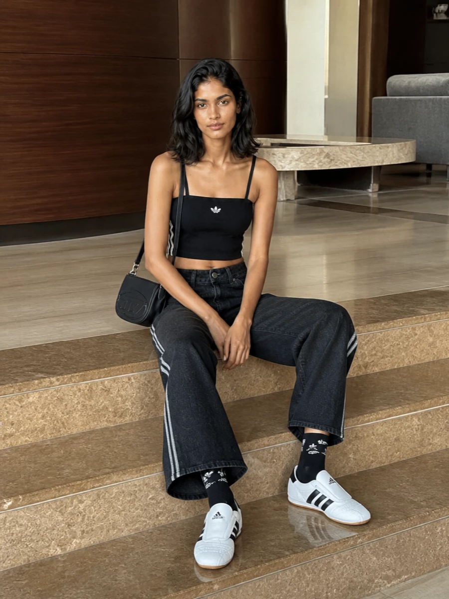 Adidas originals wide leg jeans crop top outfit