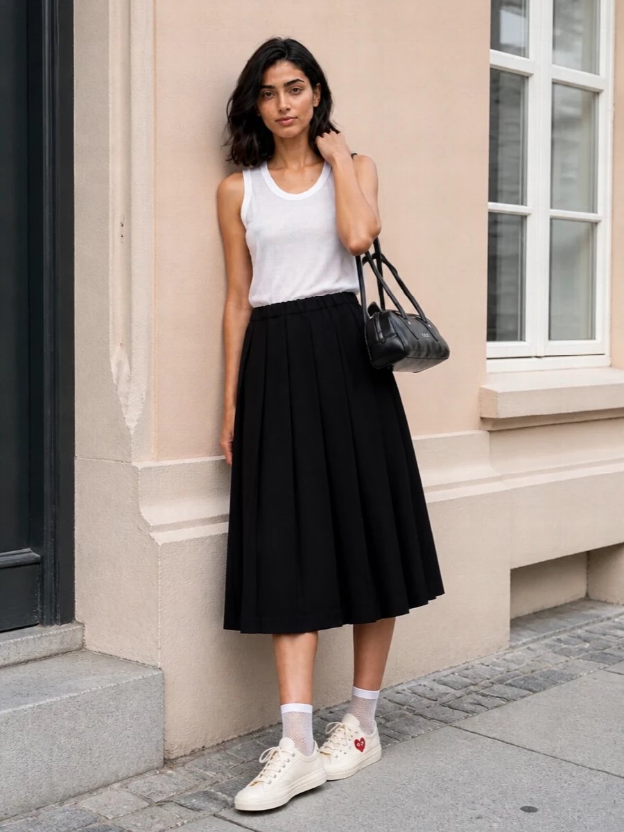 Comme des garcons sheer tank pleated skirt outfit
