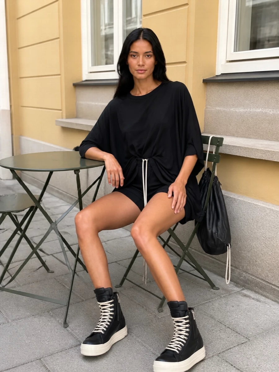Rick owens black mini shorts high top sneakers