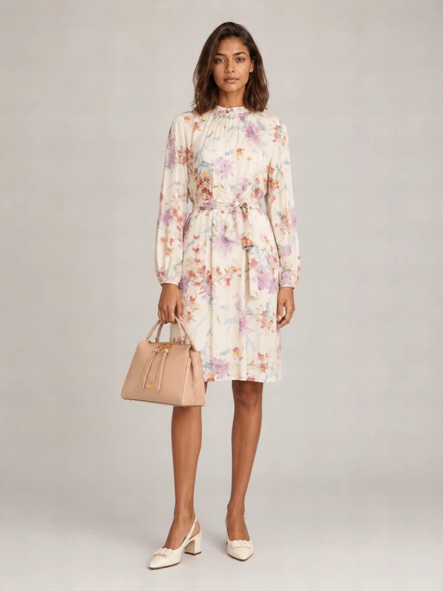 Herno Floral-Print Belted Knee-Length Dress