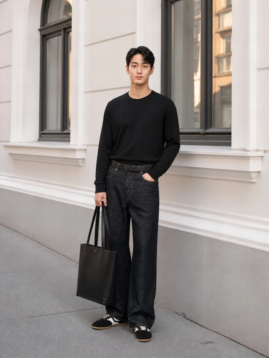 Dries van noten black tee wide leg jeans outfit