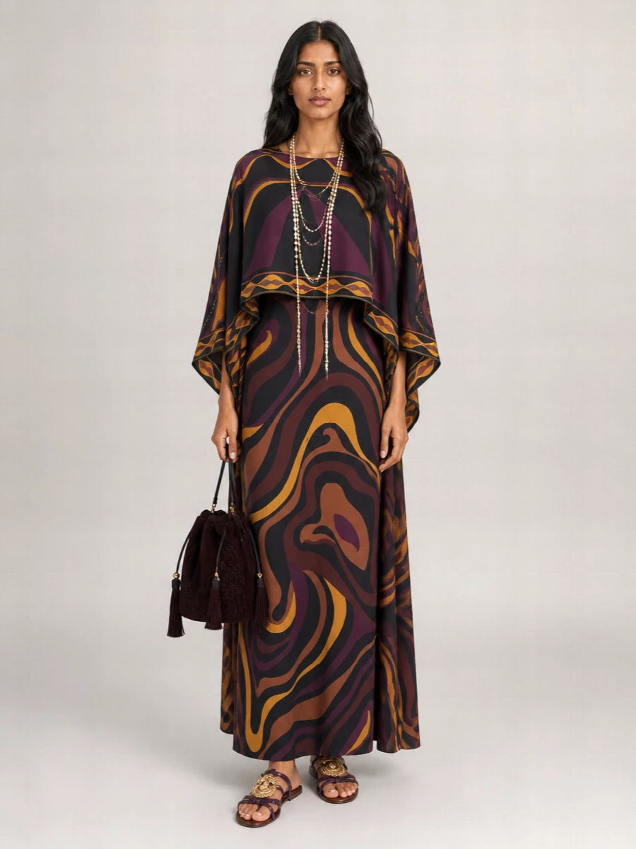 Pucci silk printed long dress with removable shoulder cape