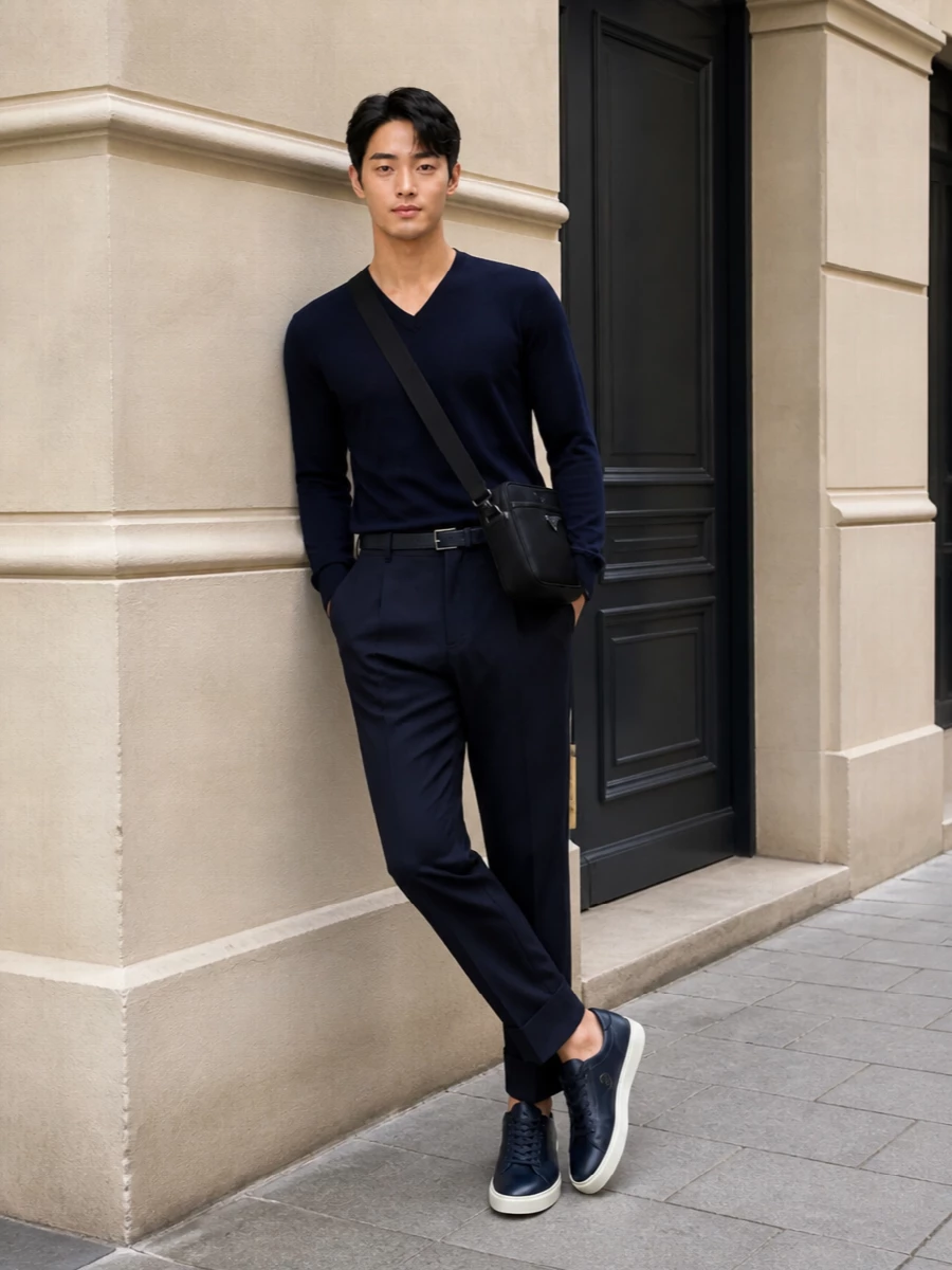 This look builds a refined tonal story around the navy V-neck knit, pairing it with deep-navy pleated, cuffed trousers for a clean, modern silhouette that reads polished but not stiff. Navy leather low-top sneakers keep it relaxed yet elevated, while the black nylon crossbody and coordinated navy belt add discreet structure and function without disturbing the minimalist harmony. It’s an assured SS city uniform that moves easily from daytime meetings to understated dinners.